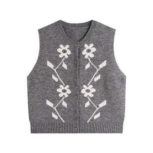 弥古灰色针织提花马甲女2025新款秋冬叠穿毛衣背心小个子毛线马夹