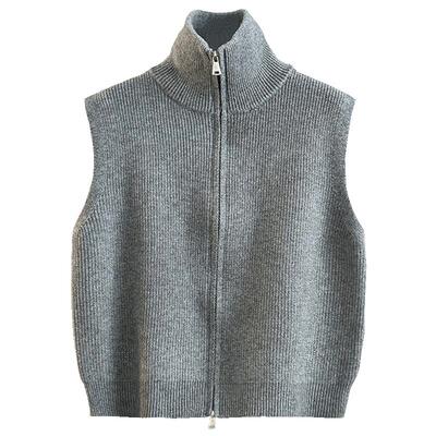 纯色针织拉链半高领叠穿开衫马甲