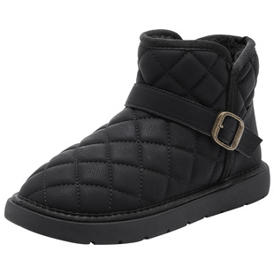 大东女鞋雪地靴2025年冬季新款圆头休闲平底菱格加绒保暖扣饰冬靴