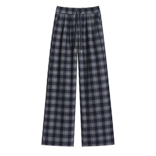 大码黑灰色加绒格子裤女胖mm秋冬直筒慵懒休闲裤复古毛呢阔腿裤