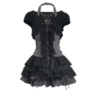 pinksavior【纯爱次元】vintage花边收腰短打吊带半裙设计感套装