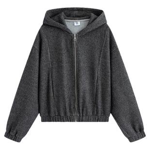 万有引力博物馆 纯色连帽短款外套女春秋款宽松百搭毛织面料上衣K