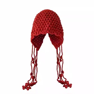 2025年八根流苏手工针织帽川西旅游镂空针织包头帽子女秋冬显脸小