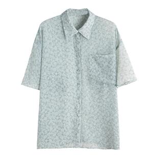 MIUZA日系贵牌印花雪纺衬衫女夏轻薄五分喇叭袖气质小衫2024新款