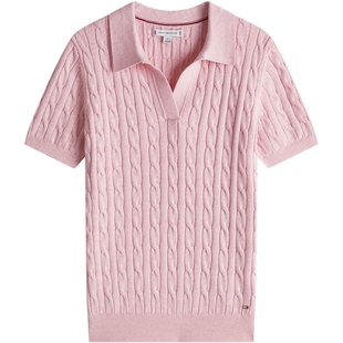 Tommy26夏季新款女装纯棉绞花肌理优雅海鸥领麻花短袖POLO针织衫