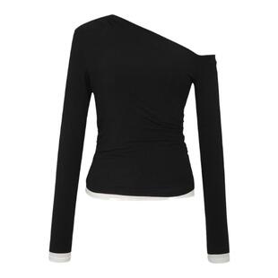 FUNNEL IN原创设计斜肩露肩假两层打底衫女长袖黑色内搭上衣