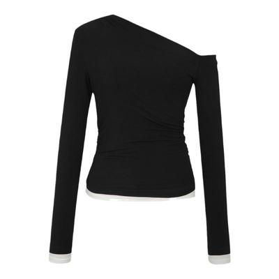 FUNNEL IN原创设计斜肩露肩假两层打底衫女长袖黑色内搭上衣