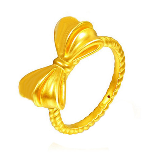 米勒珠宝 999足金蝴蝶结黄金戒指女拉彩色喷砂3D硬金正品妈妈指环