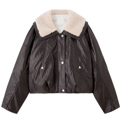 超好看的大翻领pu皮面免洗羽绒服