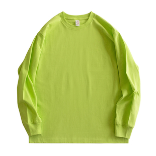 秋季新款荧光绿 浅绿色纯棉长袖打底衫上衣男女bf风纯色T恤宽松潮