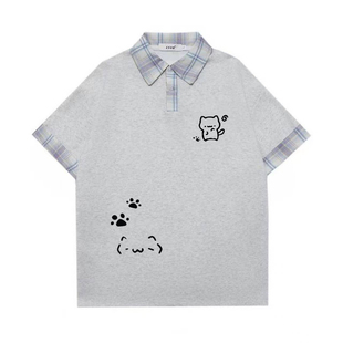 女童中大童Polo衫短袖2026夏季新款儿童卡通猫咪印花T恤纯棉上衣