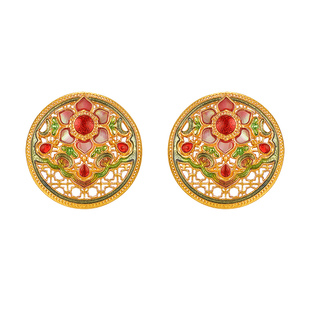 明牌珠宝古法黄金宝莲云裳耳饰 t足金宝相花镂空螺钿耳钉AFH0400