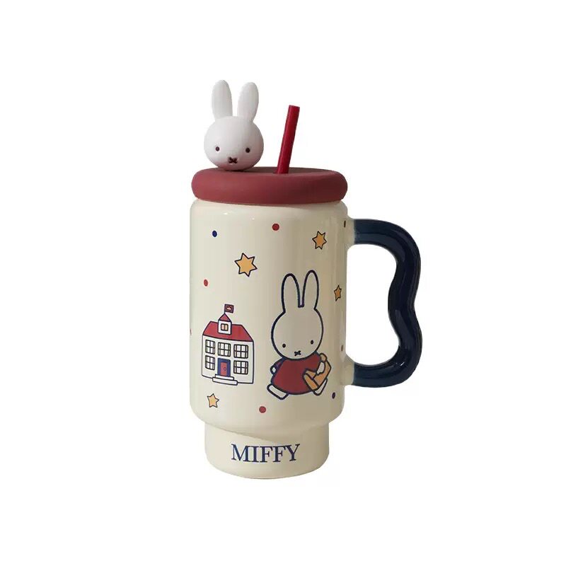 MIFFY米菲陶瓷吸管杯大容量可爱创意马克杯带盖情侣水杯女办公室