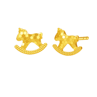 赛菲尔黄金耳钉足金5G金木马生肖马耳饰耳钉爆闪圆片点缀耳针