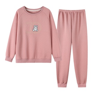 浪莎睡衣秋季女款空气棉加厚夹层长袖纯棉可爱圆领套头家居服套装