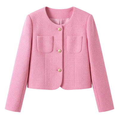 粉色法式小香风粗花呢短款西装外
