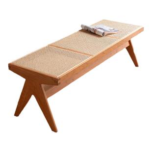 中古设计师藤编长条凳昌迪加尔日式家用实木卧室客厅床尾凳子换鞋