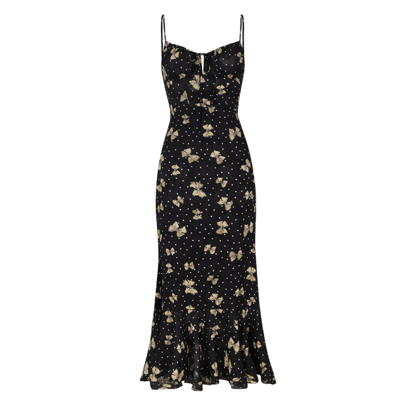 ITSNIKAR法式黑色蝴蝶连衣裙女春夏碎花吊带裙设计感鱼尾长款裙子