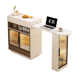 奶油中古风客厅伸缩吧台隔断柜置物架玄关柜吧台餐边柜一体柜9S41