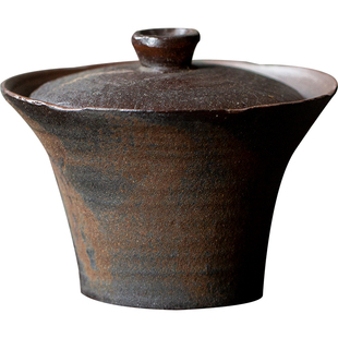 三点水柴烧老岩泥二才盖碗茶杯中式粗陶茶具泡茶碗复古茶具手抓碗