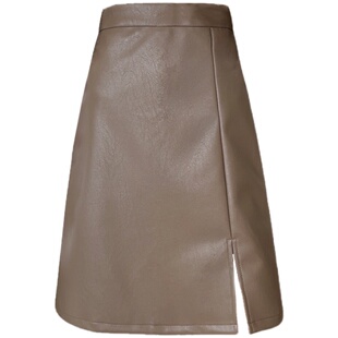 大码咖色侧开叉PU皮中裙女秋复古遮肚子半身裙胖mm百搭包臂A字裙