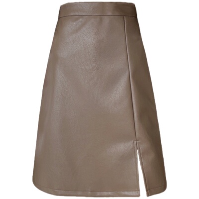 大码咖色pu皮遮肚子胖mm包臂中裙