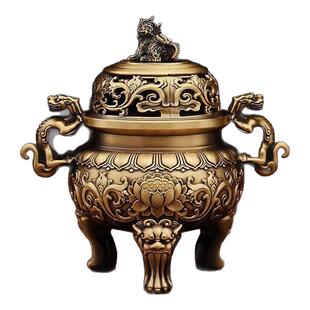 黄铜兽头带盖香炉室内佛堂茶道檀香三足香薰炉仿古家居摆件工艺品