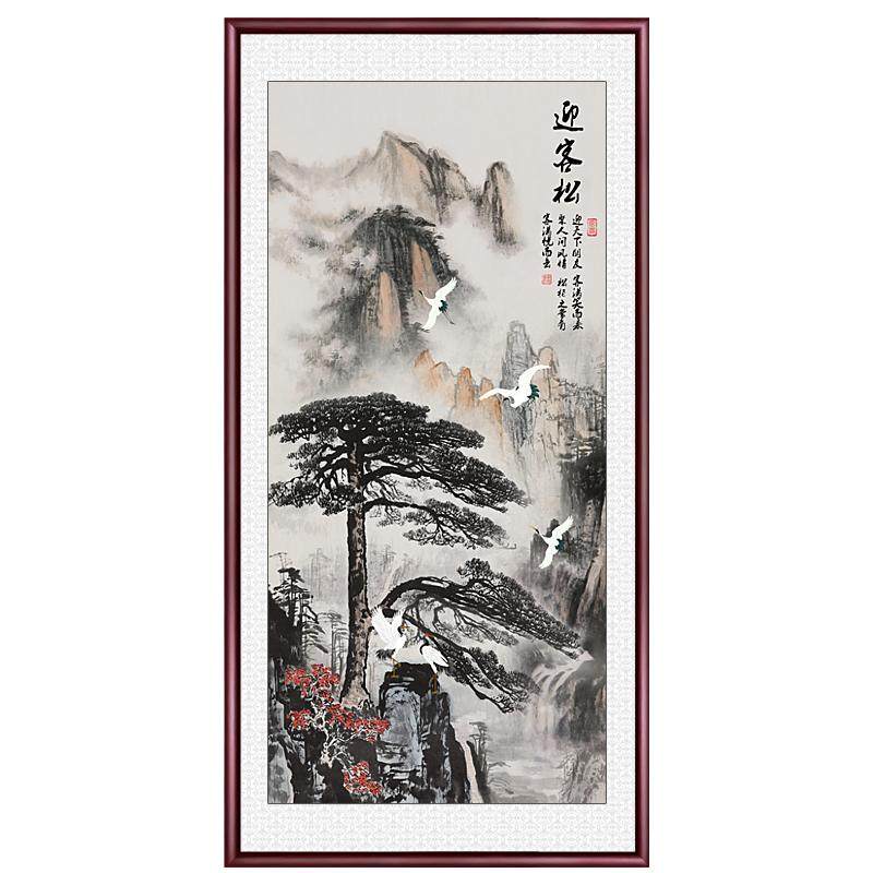 迎客松国画新中式玄关装饰画客厅挂画墙壁画入户正对门走廊山水画