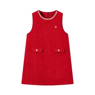 【新年款】POLOWALK女童无袖连衣裙2026新品时尚直筒版红色连衣裙