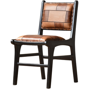 原装进口实木餐椅牛皮家用椅子柚木复古设计师家具民宿客厅休闲椅