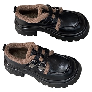 英伦风厚底乐福鞋女2025新款秋冬加绒羊羔毛保暖棉鞋制服jk小皮鞋