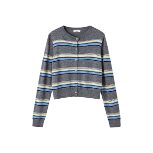 indicia标记25春新款撞色经典条纹格雷系针织圆领开衫L2C5KS135-1