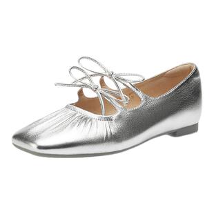 星期六法式银色玛丽珍女鞋女2025夏季新款真皮羊皮软底浅口单鞋子