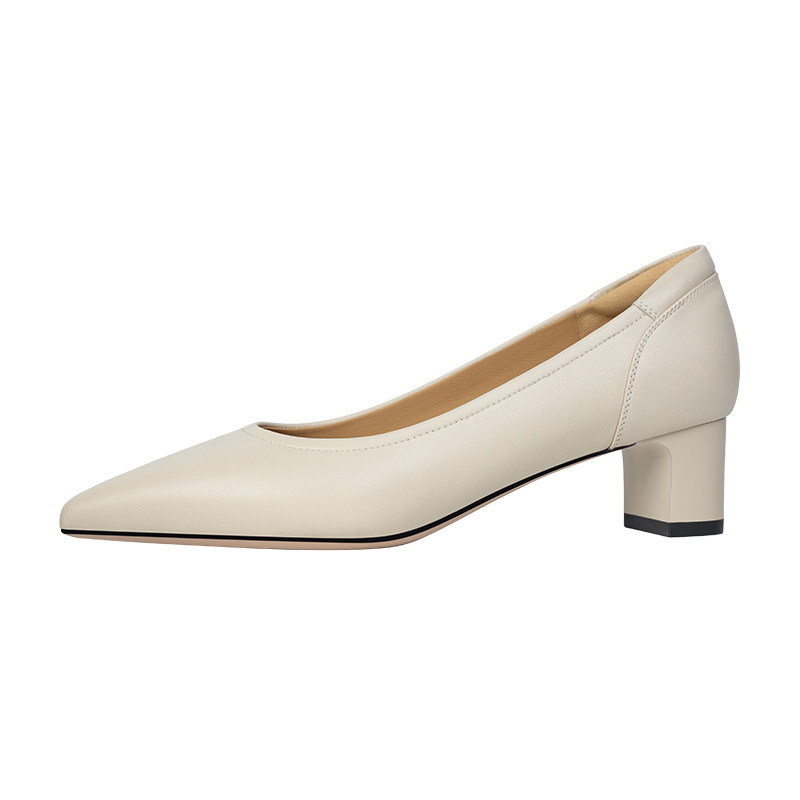 吴大叔粗跟高跟鞋白色女鞋配裙子百搭职业超软羊皮气质高级不累脚