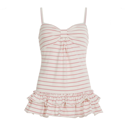 WEEKEEP 古早感少女撞色条纹荷叶边A摆吊带背心百搭收腰显瘦上衣