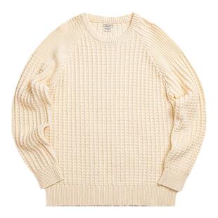 马登工装 美式休闲华夫格圆领针织衫保暖白色内搭打底毛衣男春