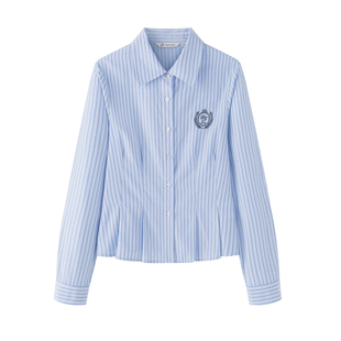 东京岁时记jk蓝色长袖衬衫白色条纹修身显瘦女学院风小个子衬衣