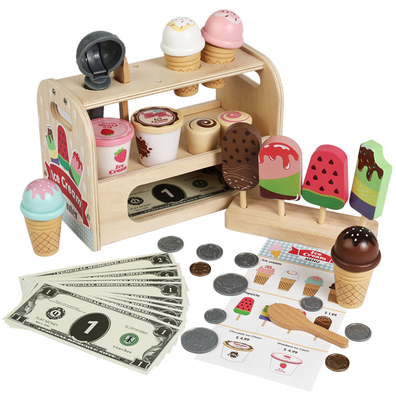 木制仿真冰淇淋甜筒雪糕机男女孩冰激凌小推车儿童过家家玩具礼物