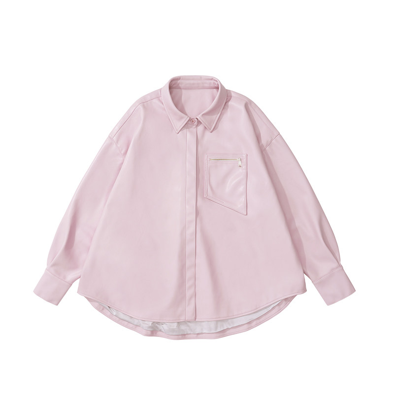 JUNO品牌设计师 23春夏桃粉色环保羊皮宽松翻领极简少女夹克外套
