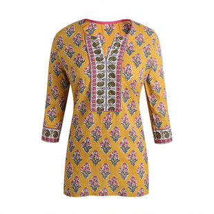 印度进口民族风服饰女手工拓印纯棉舒适短款上衣圆领薄款百搭新品