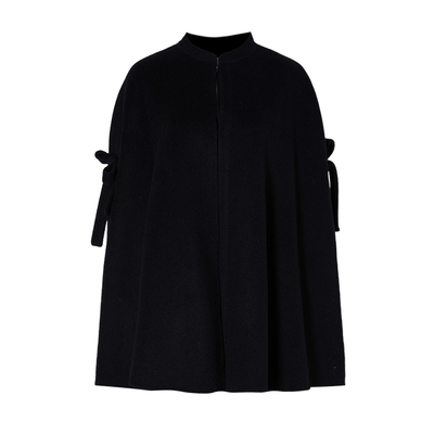 DPLAY2025年冬季新款黑色外套女斗篷100羊毛双面呢子蝴蝶结大衣
