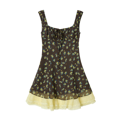 Uena棕色碎花吊带连衣裙