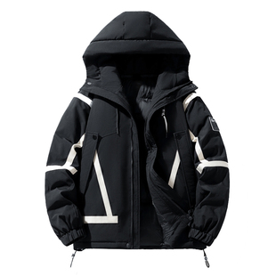 猫人连帽羽绒服男短款冬季加厚时尚镶拼潮牌工装外套户外滑雪上衣