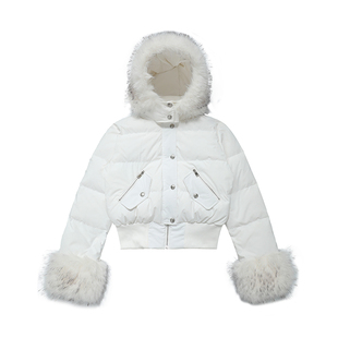 NowAndHere白色收腰短款白鸭绒羽绒服y2k辣妹风毛毛螺纹拼接外套