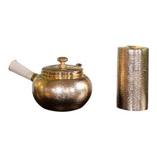 日本银器 银川堂银本铺 铜胎24K镀金 横手急须茶壶金壶茶叶罐套组