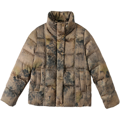 复古印花妈妈羽绒服短款立领