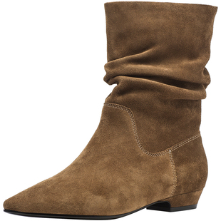 CDF女鞋秋冬季复古潮流褶皱堆堆靴时尚简约百搭瘦瘦靴西部靴女