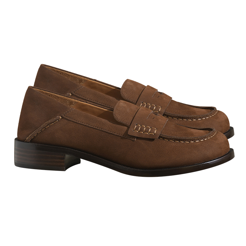 柯柯西尼原创设计风方头乐福鞋女意大利皮料一脚蹬复古真皮老钱风