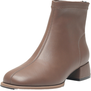 大东棕色美拉德靴子女款2026新款秋冬粗跟中跟短靴单靴切尔西女靴