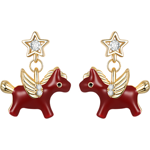 999纯银针马上有钱耳钉女高级感本命年红色耳环2026马年新年耳饰